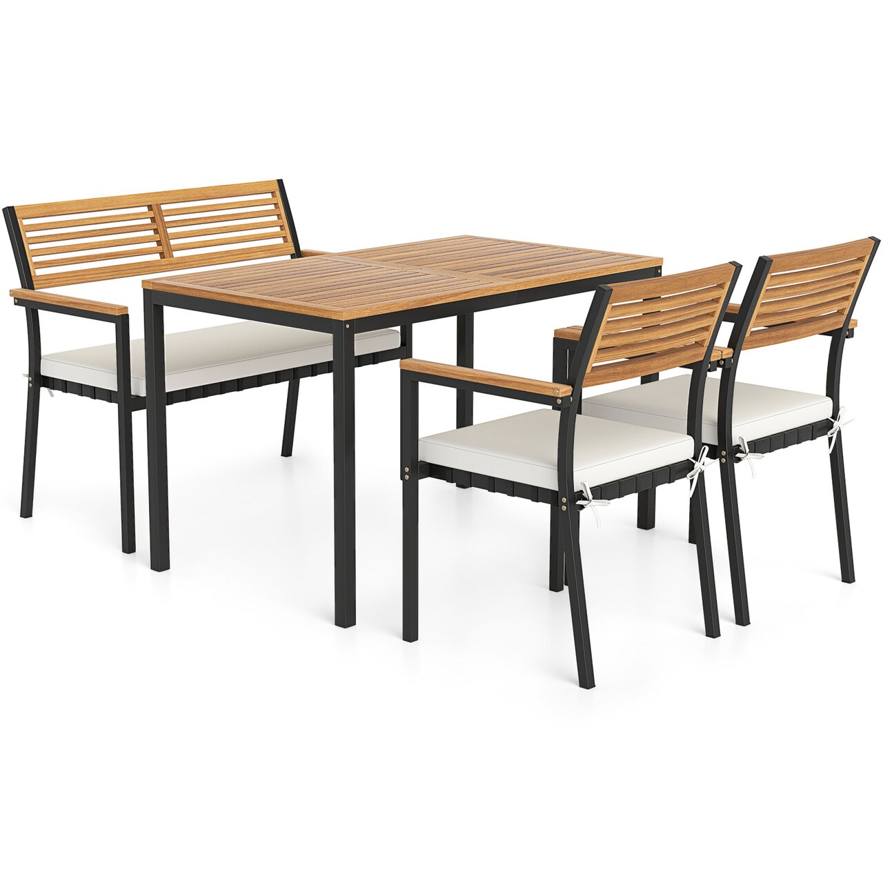 Wood and Black Outdoor Patio Dining Set with Table Two Chairs and Bench Cushioned Seats Durable Metal Frame